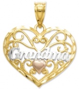 Tell her how much you care with this elegant heart charm. Inscribed with the word Grandma, this scrolling charm features a petite heart accent crafted in 14k gold, rose gold and sterling silver. Chain not included. Approximate length: 8/10 inch. Approximate width: 7/10 inch.