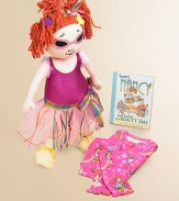 This 29 tall doll has a painted face and purple and red yarn hair, topped by an embroidered gold lamé crown, in a purple glitter pink bodysuit and a sparkly tulle skirt with check waistband. Yellow fur shoes with ties that wrap around her ankles, a necklace of felt flowers, pink velour sunglasses with dotted bows complete her fancy look.Standing height, 29 Cotton and tricot Dry clean Recommended for infants and olderImportedPlease note: PJ and book set sold separately. 