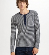 Seriously soft wool/cashmere pullover with timeless stripes a henley placket and lots of preppy appeal.Crew neckline Four button placket Long sleeves 70% superfine wool/30% cashmere Dry clean Imported