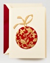Dramatic with a touch of whimsy, the hand-engraved red and gold ornament on this Christmas card is holiday perfection. Inside reads May the joys and blessings of the Christmas season be yours throughout the year. Consider the garnet-lined cream envelope the star on top of the tree.Set of 10 cards5.5 X 7.38Made in USA