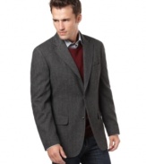 Polish off your casual combos with the sleek, heritage feel of this wool-blend herringbone blazer from Tasso Elba.