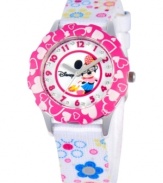 Pretty polka dots and flowers! Featuring iconic Disney character, Minnie Mouse, this floral watch flaunts a glitzy design.