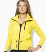 A bold neon hue enlivens this sporty full-zip Lauren by Ralph Lauren jacket, crafted from lightweight microfiber with sleek hardware for a stylish, active look.