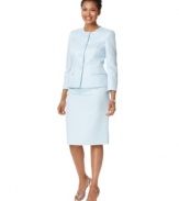 Le Suit's latest skirt suit turns on the charm with a subtle jacquard pattern and flattering fit.