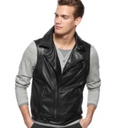 Rock a slick downtown look with this moto-inspired leather zip-up vest from Calvin Klein.