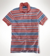 A classic-fitting short-sleeved striped polo shirt is constructed in smooth, breathable cotton mesh. (Clearance)