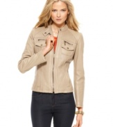 A sleek topper for spring, this MICHAEL Michael Kors leather motorcycle jacket adds stylish edge to any outfit!