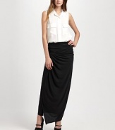 This sleek, ruched silhouette can be worn as a skirt or strapless dress.StraplessRuched throughoutMock-wrap frontAbout 43 long70% tencel/30% cottonDry cleanImported