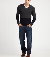 Two textures, two colors, one perfect sweater: a ribbed top portion is stitched to a fine-knit bottom half for a new spin on the colorblocked look in superior merino wool. V-neck Merino wool Dry clean Imported Additional Information Men's Shirts & Sweaters Size Guide 