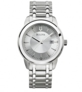 Mark each hour with timeless sophistication. Watch by Bulova crafted of stainless steel bracelet and round case. Silver tone dial features applied stick indices, minute track, date window at three o'clock, three hands and logo. Quartz movement. Water resistant to 30 meters. Three-year limited warranty.
