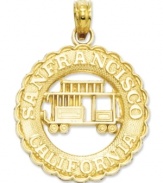 Embrace a piece of the history of San Francisco with this iconic cable car charm. Crafted in 14k gold, charm features the words San Francisco California and a unique, cut-out design. Chain not included. Approximate length: 1 inch. Approximate drop: 3/4 inch.