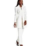 Tahari by ASL mixes minimalist chic and feminine inspiration to glamorous effect. A ruffled collar softens up a sleek, elongated jacket; straight leg trousers complete the look.