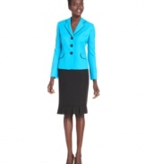 Bold blue and colorblocked trim make this jacket from Evan Picone feel unique. A peplum-hem skirt keeps the feminine feel going.