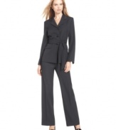 Le Suit updates classic pinstripes with a new, modern silhouette. A sash belt at the waist adds feminine flair to your office look.