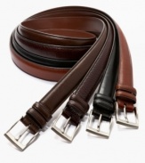 With a smooth, polished metal buckle and double loop detail, this full grain leather belt will add a refreshing new note to any old suit. Imported.