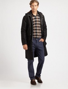 Classic rise with a slim-leg silhouette shaped and tailored in crisp, cool cotton.Five-pocket styleInseam, about 32CottonMachine washMade in USA Classic rise with a slim-leg silhouette shaped and tailored in crisp, cool cotton.Five-pocket styleInseam, about 32CottonMachine washMade in USA