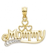 The perfect Mother's Day gift. Show her you care with this intricate charm featuring three cut-out hearts and the word Mommy. Crafted in 14k gold and sterling silver. Approximate length: 7/10 inch. Approximate width: 9/10 inch.