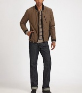 The perfect, lightweight jacket with a downtown vibe, versatile enough to wear from the office to the ball park, crafted in a recycled, waxed cotton and nylon blend.Zip frontChest welt, side slash pocketsRibbed knit collar, cuffs and hemAbout 27½ from shoulder to hem65% cotton/35% nylonMachine washImported
