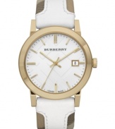 Wrapped in smooth, rich leather, this timepiece from Burberry features their iconic check pattern in golden hues and crisp whites.