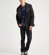 A warm, winter-ready wool melange is touched with cashmere softness and styled with an oversized lapel, creating a new look for the standard peacoat. Double-breasted buttonfront Check lining under lapel Waist slash pockets Back tab detail Rear vent Fully lined About 29 from shoulder to hem 75% wool/20% polyamide/5% cashmere Dry clean Imported 