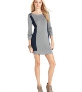 This sleek petite sweater dress from DKNY Jeans features colorblocked knit and woven panels for an on-trend look.