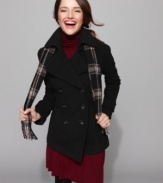 Get a polished look this fall with a perfectly-matched petite pea coat and scarf combo from London Fog.