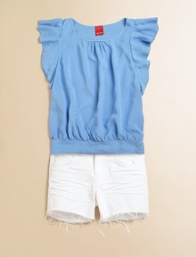 Classic denim shorts get a modern update in an angelic hue with frayed edges.Front button closureZip flyWaistband with belt loopsScoop front pocketssBack patch pocketsFrayed hemCottonMachine washImported of domestic fabric Classic denim shorts get a modern update in an angelic hue with frayed edges.Front button closureZip flyWaistband with belt loopsScoop front pocketssBack patch pocketsFrayed hemCottonMachine washImported of domestic fabric