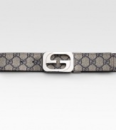 Signature GG-plus fabric with leather trim and interlocking G palladium buckle. About 1½ wide Made in Italy 
