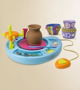 This real pottery wheel comes complete with everything you need to create your favorite crafts. Set includes pottery machine with foot pedal, 6 carving attachments, blades, 7 carving tools, 2 lb/907g air-drying clay, 6 paints, a palette, a sponge, 2 brushes, clay-cutting cord, 80 mosaic tiles, 8 gemstones and an AC adapter.Suitable for ages 8 and upImported