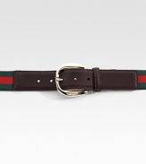 Leather with signature web and rounded, engraved buckle. Green/red/green web Light gold hardware About 1½ wide Made in Italy 
