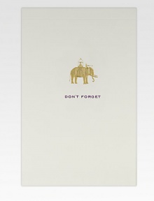 This tablet cover is stamped with a classic elephant motif, hand-engraved in gold metallic ink, along with the text Don't Forget in black.50 sheetsAbout 4.25 X 6.5Hand-engravedMade in USA