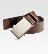 Textured leather design comes together with a logo embossed metal buckle.LeatherAbout 1¼ wideMade in Italy