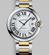 Elegant automatic timepiece in steel with 18k yellow gold accents. Round face Case, 42mm X 13mm, 1.65 X 0.51 Roman numeral markers Date display Second hand Band width, 20mm, 0.79 Made in Switzerland