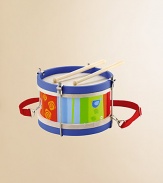 A real drum--designed in bright colors for a child--features two heavy-duty surfaces, wood drum sticks and a fabric strap so the drum can be worn while played. Includes tuning key, two drum sticks Metal supports can be tightened (with adult supervision) for tuning Recommended for ages three and up 8¾W X 6½D X 8¾H Imported
