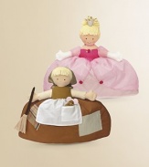 Reversible doll has two contrasting outfits in one: Cinderella in taffeta and cotton rag dress with kerchief, mouse and broomstick; and the princess beauty in a taffeta and organza gown. 10H X 10W X 2½D Imported Recommended for ages 2 and up