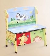 From the Sunny Safari Collection. Jungle friends romp and play all over this bright, hand-painted bench that can double as a toy chest.Sturdy design Safety lid 24¾W X 23¼H X 14½D Constructed of MDF Imported Recommended for ages 3 and up Please note: Some assembly may be required. 