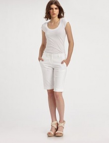 Clean lines shapes this slightly elongated silhouette of crisp stretch canvas.Mid-rise waistband Zip-fly Angled pockets Inseam, about 13 98% cotton/2% Lycra Dry clean Made in USA Clean lines shapes this slightly elongated silhouette of crisp stretch canvas.Mid-rise waistband Zip-fly Angled pockets Inseam, about 13 98% cotton/2% Lycra Dry clean Made in USA