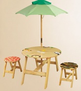 Absolutely adorable and adorned with wild animal motifs, this set gives your little ones their very own place for a garden party or a snack after a day of outdoor play.Hand-carved and hand-paintedSolid wood construction with weather-resistant finishIncludes table, two stools and folding umbrellaTable: 27 diameter X 19HStools: 11.5 diameter X 11.75HImportedRecommended for ages 3 and upPlease note: Some assembly required. 