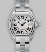 Stainless steel case has white lacquered dial, stainless steel bracelet and two interchangeable straps. Luminescent oxidized steel hands Case, 37mm X 33mm, 1.46 X 1.29 Case depth, 8.9mm, 0.35 Roman numerals, date Cartier caliber 688 quartz movement Water-resistant to 330 feet Band width, 15.5mm, 0.61 Adjustable steel buckle Made in Switzerland