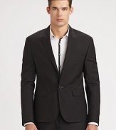 EXCLUSIVELY OURS. A sleek, forward-thinking blazer is tailored in lightweight wool with a narrow lapel and a sporty, single-button closure. Single button closureChest welt pocketWaist flap pocketsTwo interior pocketsRear ventFully linedAbout 29 from shoulder to hemWoolDry cleanImported