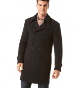 For style that never fails, this double-breasted topcoat from DKNY is an instant classic.