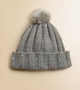 A true head-turner, this rib-knit hat is dotted with sparkly beads and topped with a fluffy pompom.Rib-knit construction Sparkly bead accentsTonal pompomPolyester/nylon/wool/angora/cashmereDry cleanImported
