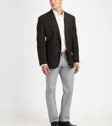Impeccably crafted in a rich plaid design with braided trim detail, tailored in a classic fit that can easily be paired with trousers or denim.ButtonfrontFront flap, welt pocketsAbout 31 from shoulder to hem49% viscose/49% polyester/2% spandexDry cleanImportedAdditional Information Men's Sweaters, Blazers, Jackets and Overcoats - Chest Sizing (European Equivalents) 