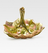 An absolutely stunning heirloom ring dish, handcrafted in a leafy design from 10K goldplated pewter with glimmering Swarovski crystal embellishment. Swarovski crystals 10K goldplated pewter 2¾H X 4¼ diam. Made in USA 
