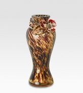 A lovely little vase is handcrafted in weighty matte antiqued goldplated pewter with Swarovski detail and intricate handpainting. 5½H X 2½ diam.Handcrafted in USA