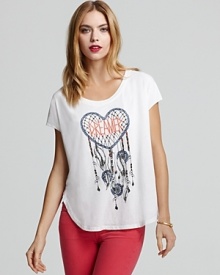 Update your basics collection with a dose of whimsy. This CHASER tee boasts a heart-shaped dreamcatcher graphic. Update your basics collection with a dose of whimsy. This CHASER tee boasts a heart-shaped dreamcatcher graphic.