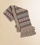 A versatile double-faced scarf is knit from a soft blend of cotton and wool yarns in a classic Fair Isle pattern that features pretty pointelle ruffles.44 X 680% cotton/20% woolHand washImported