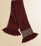 A versatile cable-knit scarf is crafted from a soft blend of cotton and wool yarns, with a classic Fair Isle pattern and ruffled ends.44L X 6W85% cotton/15% merino woolHand washImported