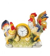 Get the early bird. With straight-from-the-farm style and a charming chicken family in-tow, this irresistible clock will ensure you're always on country time. Hand sculpted and painted in the style of Fitz and Floyd's rustic Ricamo collection.