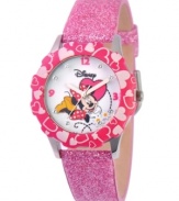 Polka dots and bows! Featuring iconic Disney character, Minnie Mouse, this glittering watch flaunts a glitzy design.